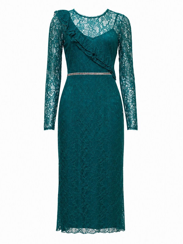 【新品DRESS 117】総レースアシンメトリーショルダータイトミディアムドレス ブルーグリーン【PATRIZIA PEPE】